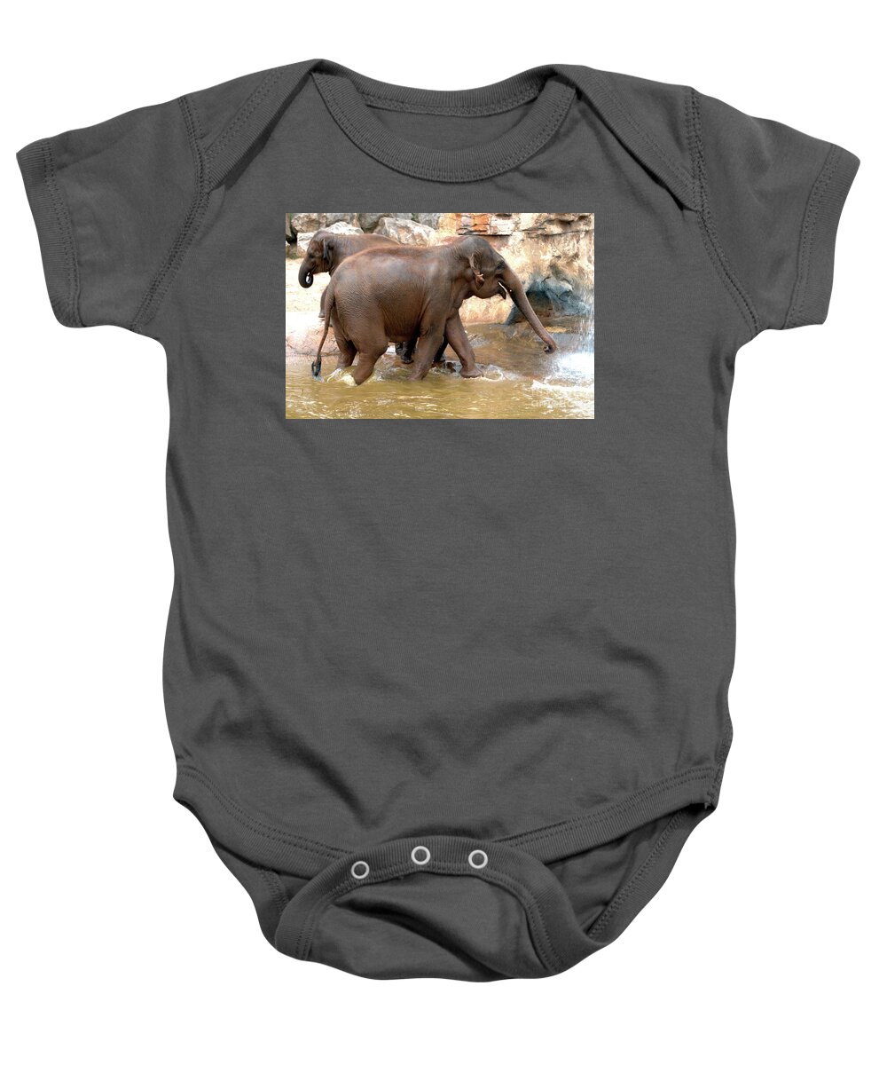 Elephants Baby Onesie featuring the photograph Bath Time by Baggieoldboy