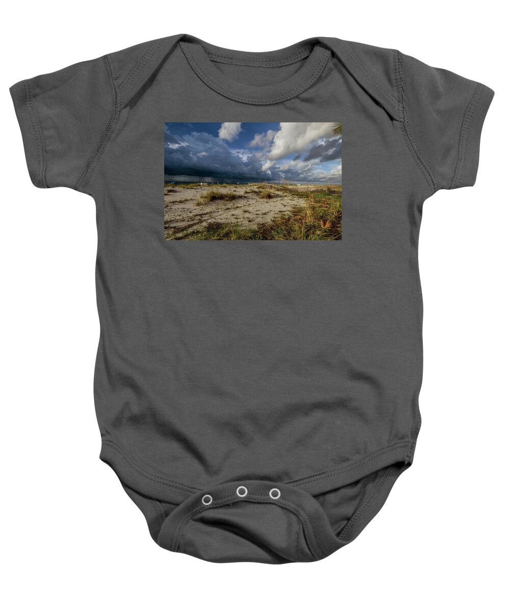 Alabama Baby Onesie featuring the painting Beach View Rain Clouds by Michael Thomas