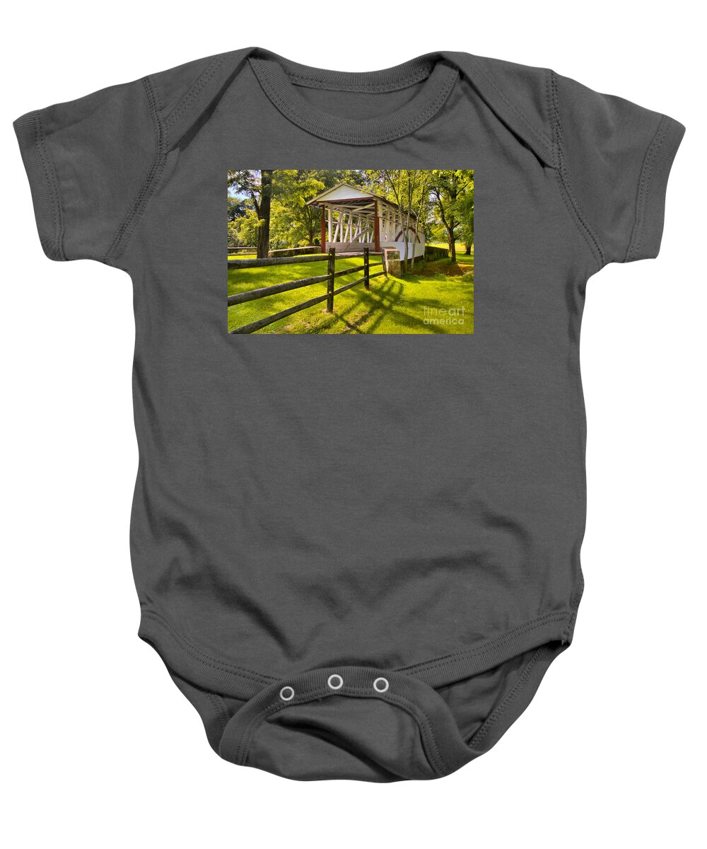 Dr Knisley Coverd Bridge Baby Onesie featuring the photograph Bedford County Dr. Knisley Covered Bridge by Adam Jewell