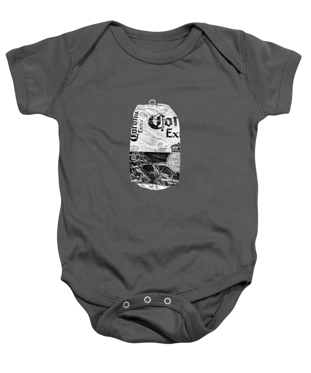 Beer Can Baby Onesie featuring the photograph Beer Can Extra Blue Crushed on Plywood 81 in BW by YoPedro