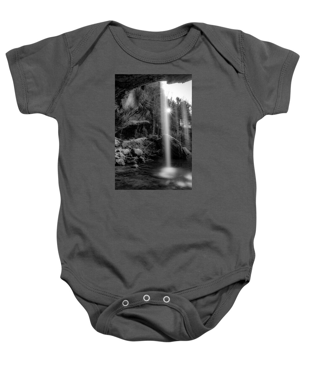 Ohio Baby Onesie featuring the photograph Behind the Lower Falls - Hocking Hills by Ron Pate