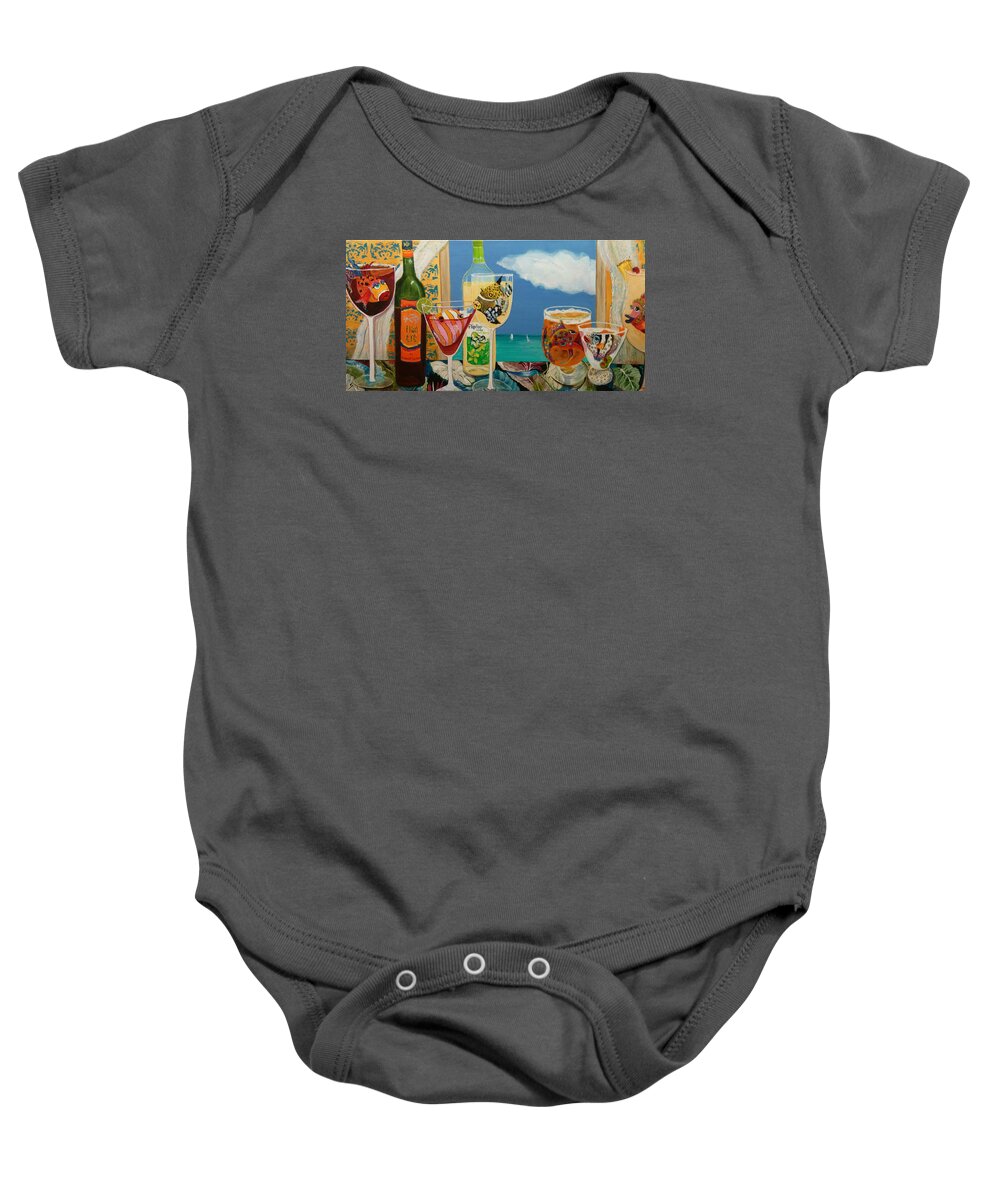 Cocktails Baby Onesie featuring the painting BestFINS at the Beach House by Linda Kegley