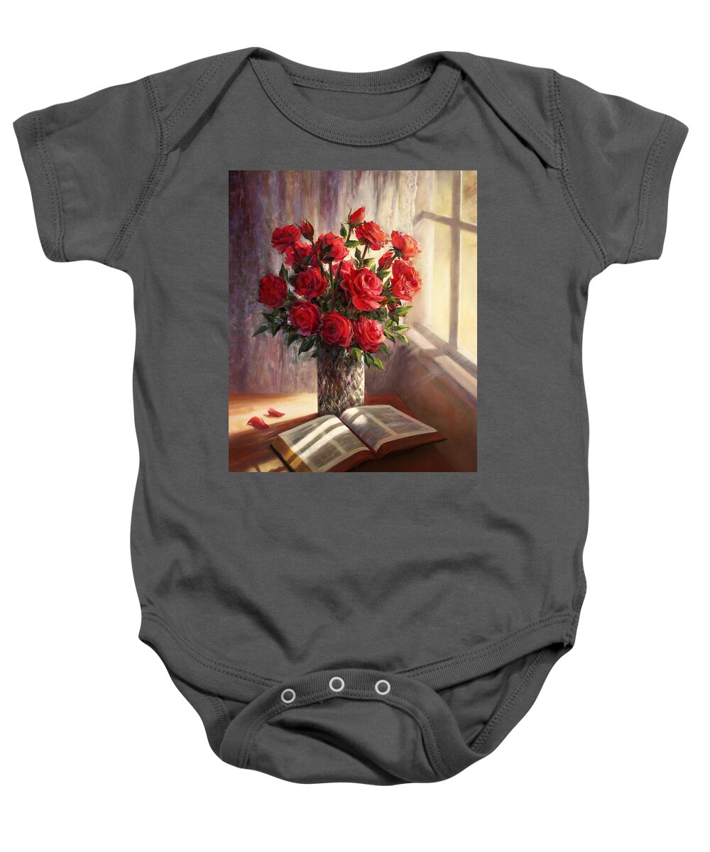 Bible Baby Onesie featuring the painting Amazing Words of Love by Lynne Pittard