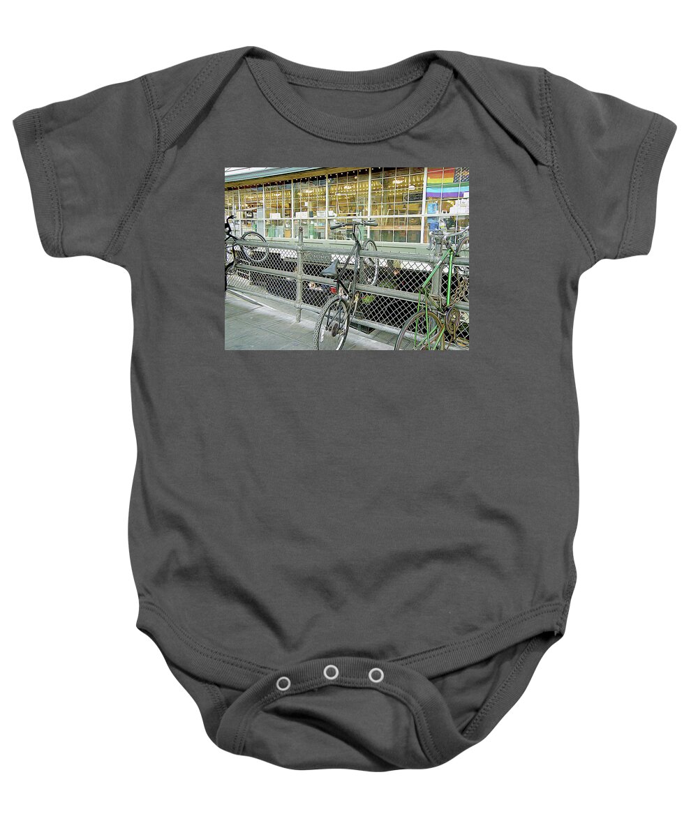Bicycle Rack Baby Onesie featuring the photograph Bicycle Rack by Linda Carruth
