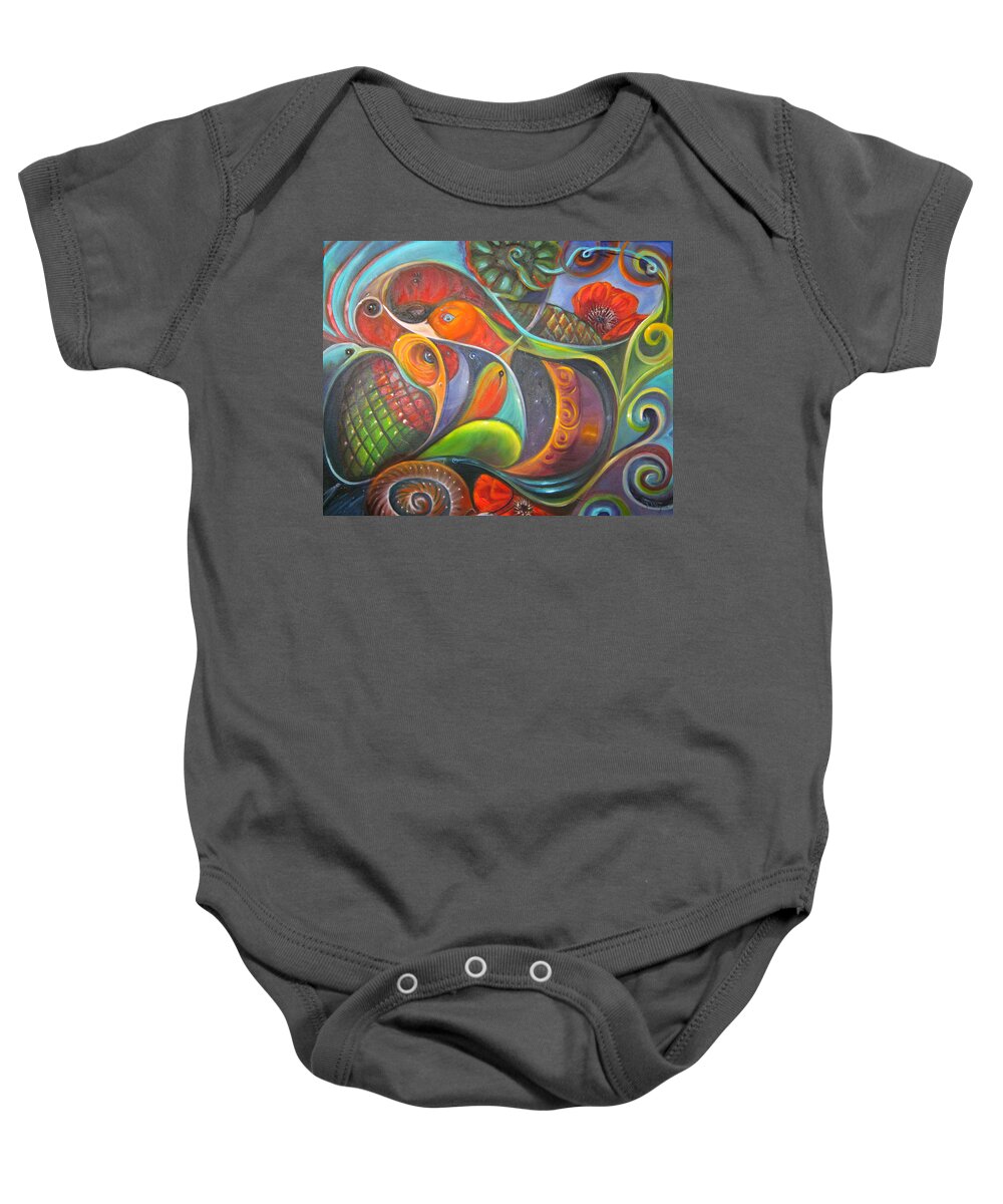 Curvismo Baby Onesie featuring the painting Birds of a Feather 2 by Sherry Strong