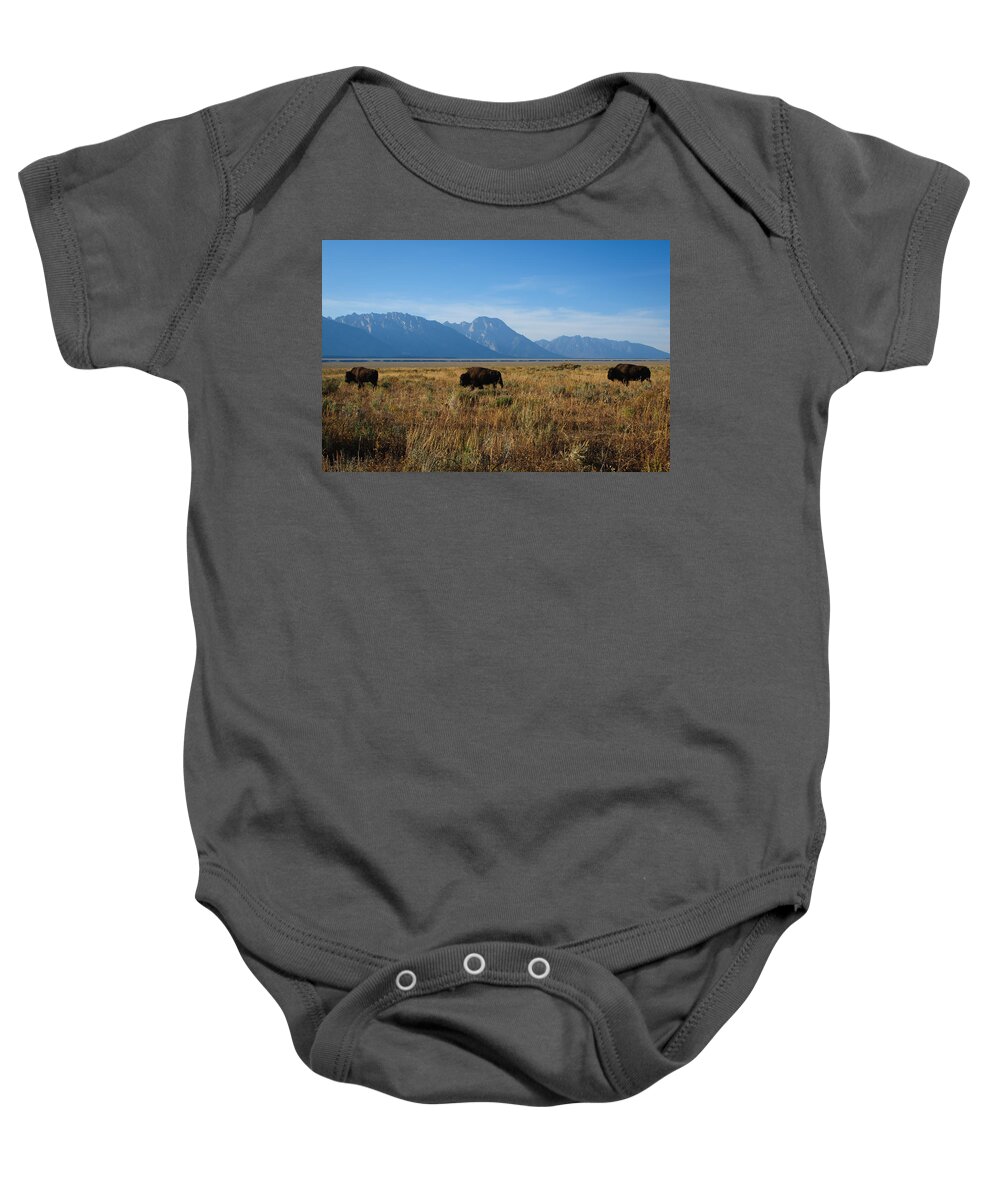 Sky Baby Onesie featuring the photograph Bisons in the Tetons by Roberta Kayne