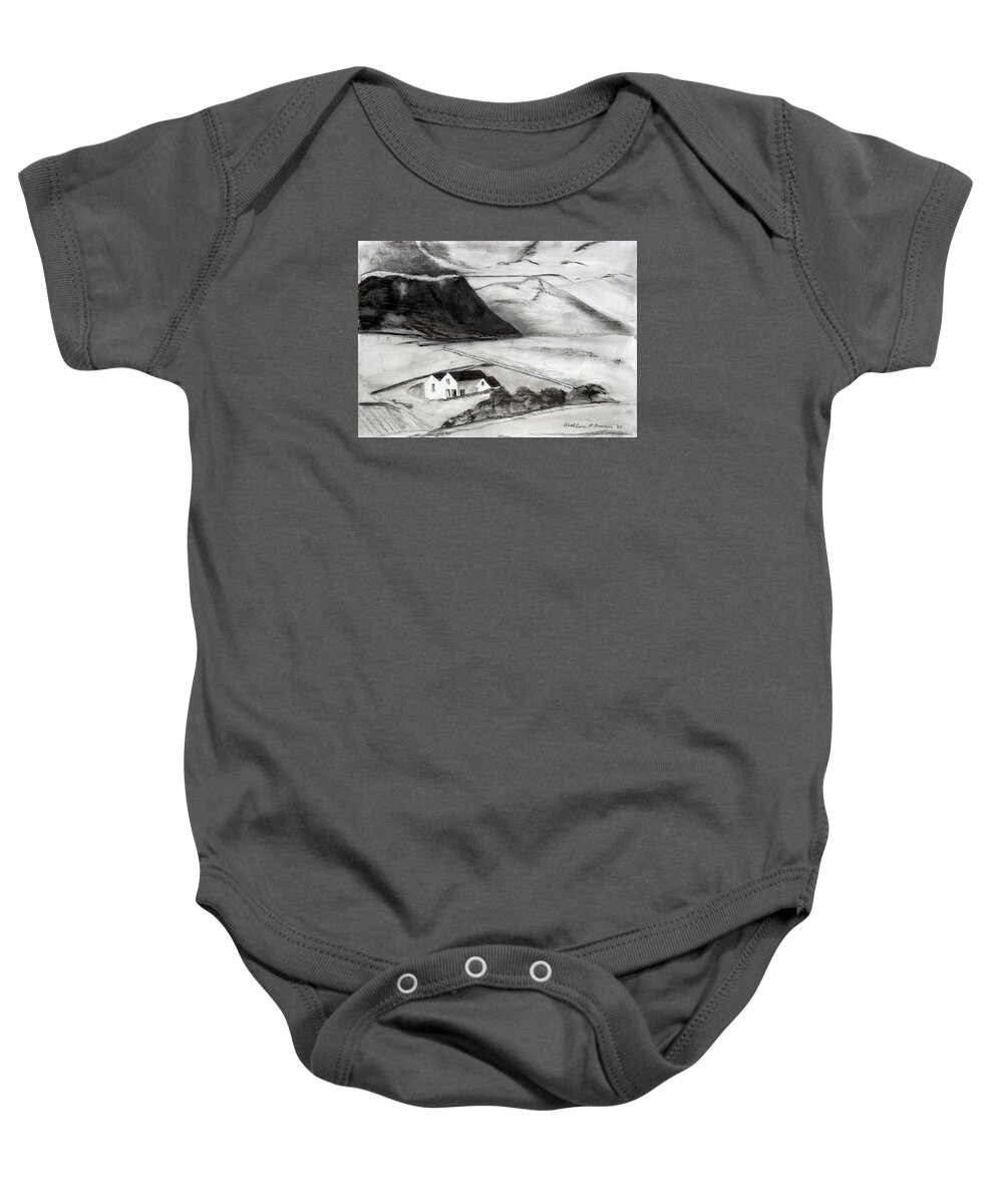  Baby Onesie featuring the painting Black and White House and Hills by Kathleen Barnes