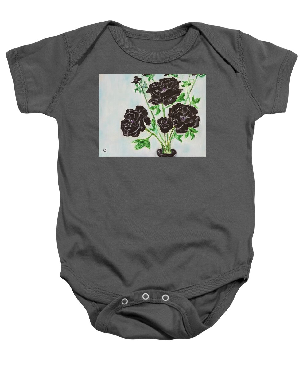 Rose Baby Onesie featuring the painting Black Rose by Neslihan Ergul Colley