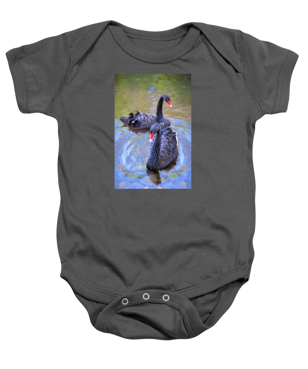Swan Baby Onesie featuring the photograph Black Swans by Susan Rissi Tregoning