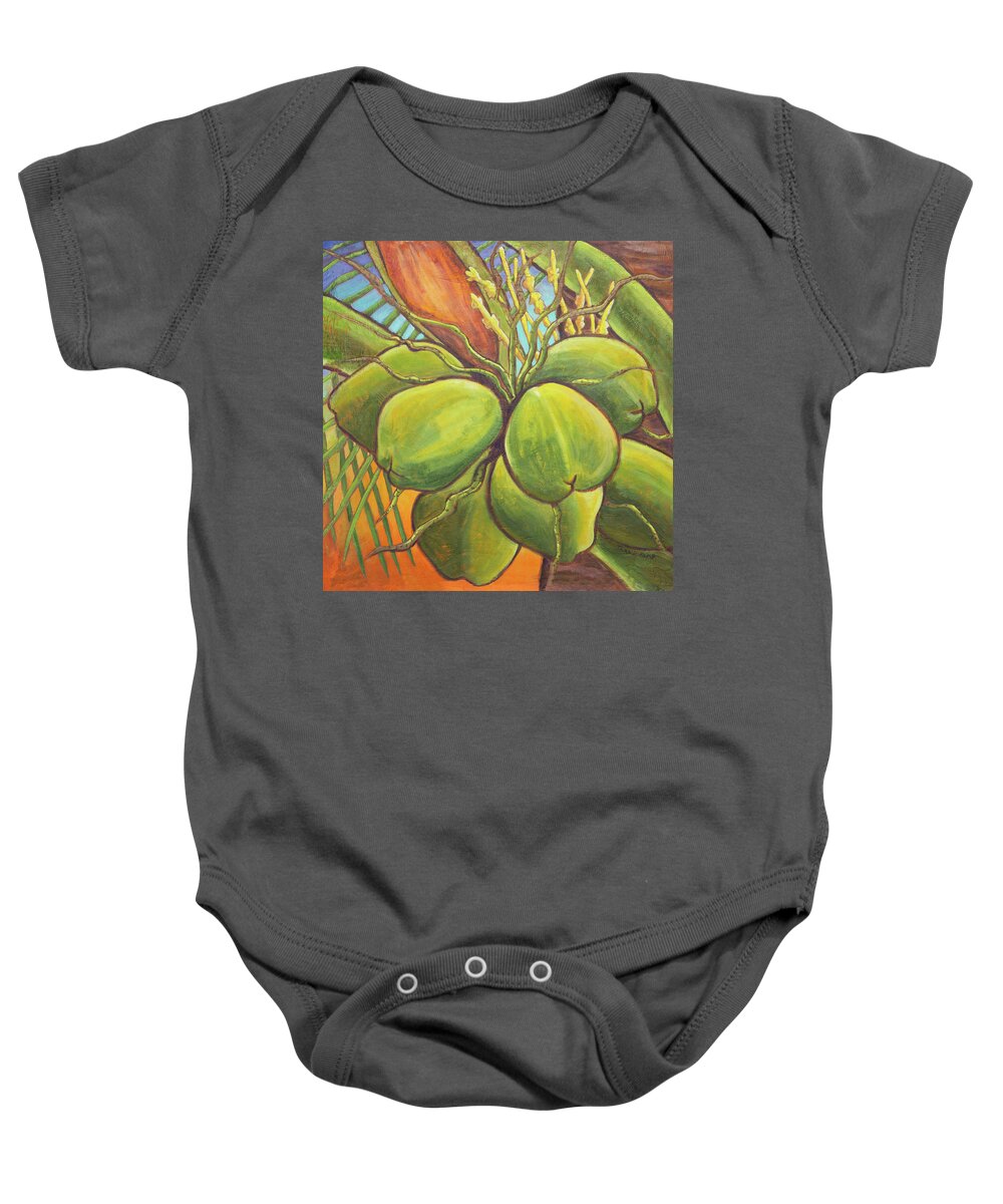 Coconut Bliss Baby Onesie featuring the painting Blissful Coconuts by Tara D Kemp