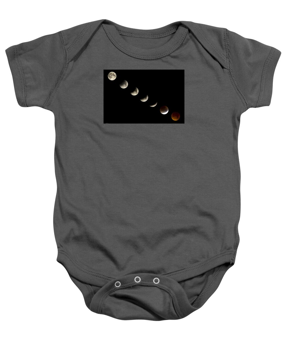 Lunar Eclipse Baby Onesie featuring the photograph Bloodmoon Lunar Eclipse with phases composite by Andy Myatt