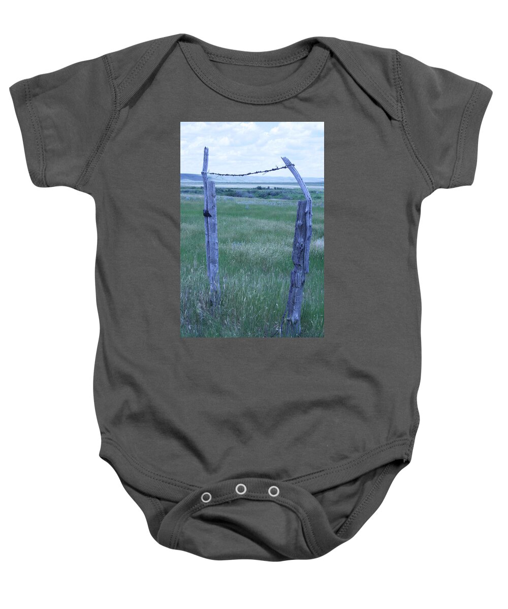 Rural Baby Onesie featuring the photograph Blue BarbWire by Mary Mikawoz