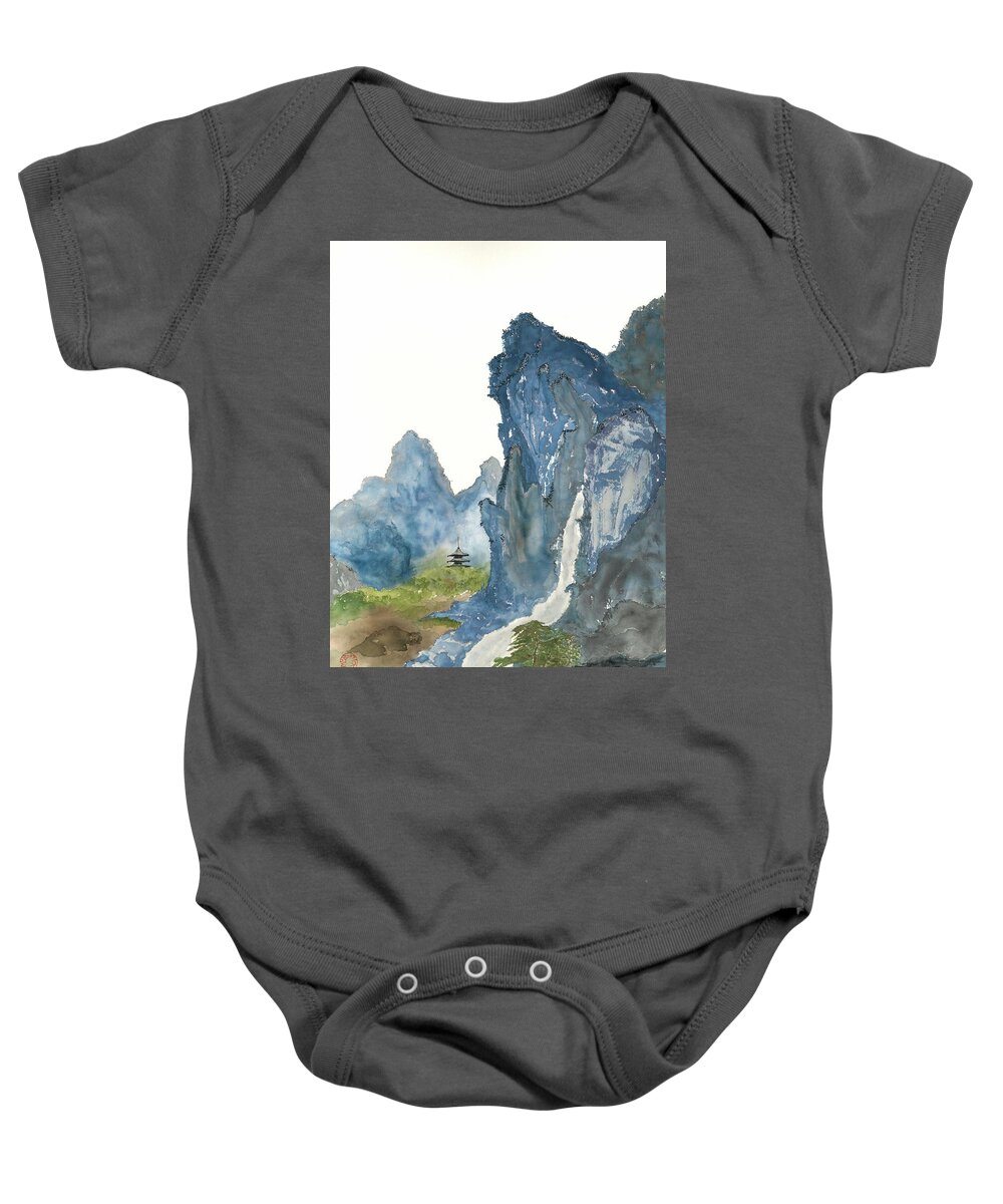 Japanese Baby Onesie featuring the painting Blue Mountain Morning by Terri Harris