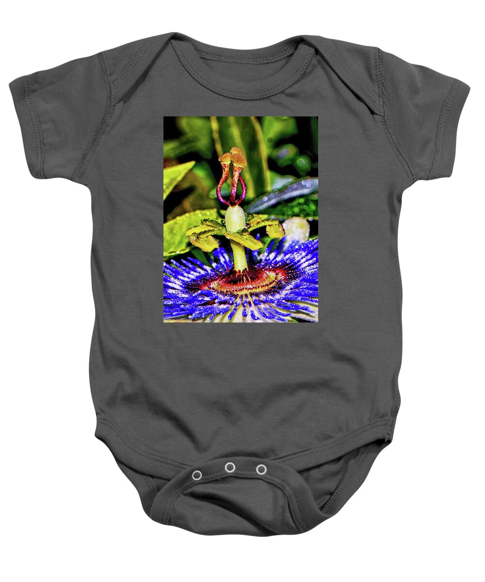 Passion Flower Baby Onesie featuring the photograph Blue Passion Flower With Raindrops 005 by George Bostian