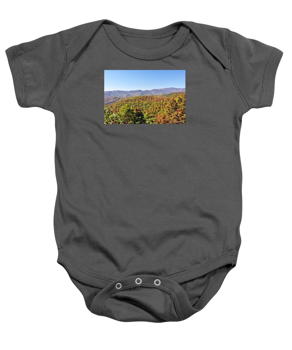 Fall Baby Onesie featuring the photograph Blue Ridge Reds by Kay Lovingood