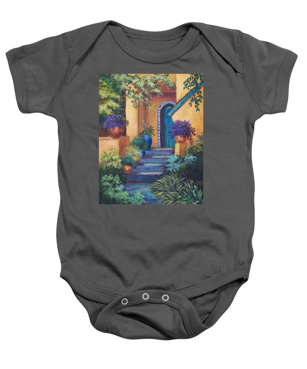 Adobe House Baby Onesie featuring the painting Blue Tile Steps by Candy Mayer