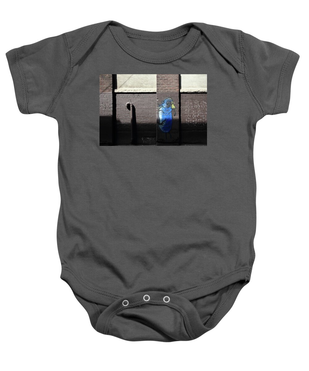 Bird Baby Onesie featuring the photograph Bluebird Shruggin On Poowall by Kreddible Trout