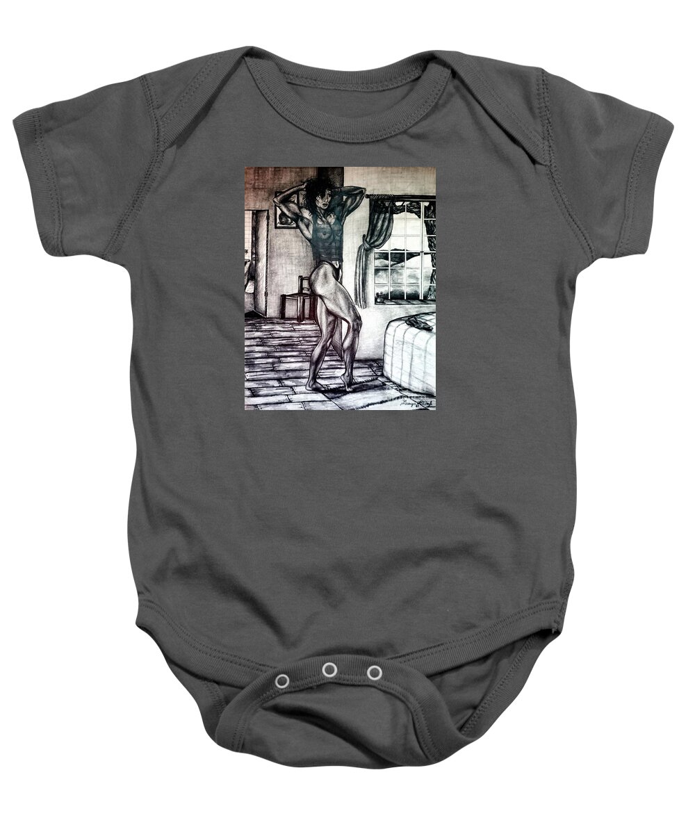 Muscular Baby Onesie featuring the drawing In Her Room by Georgia Doyle