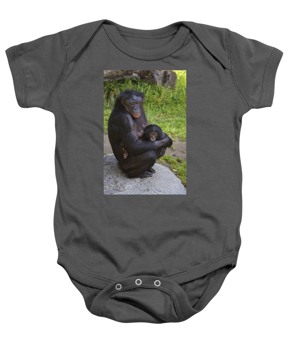 Mp Baby Onesie featuring the photograph Bonobo Pan Paniscus Mother Cradling by San Diego Zoo