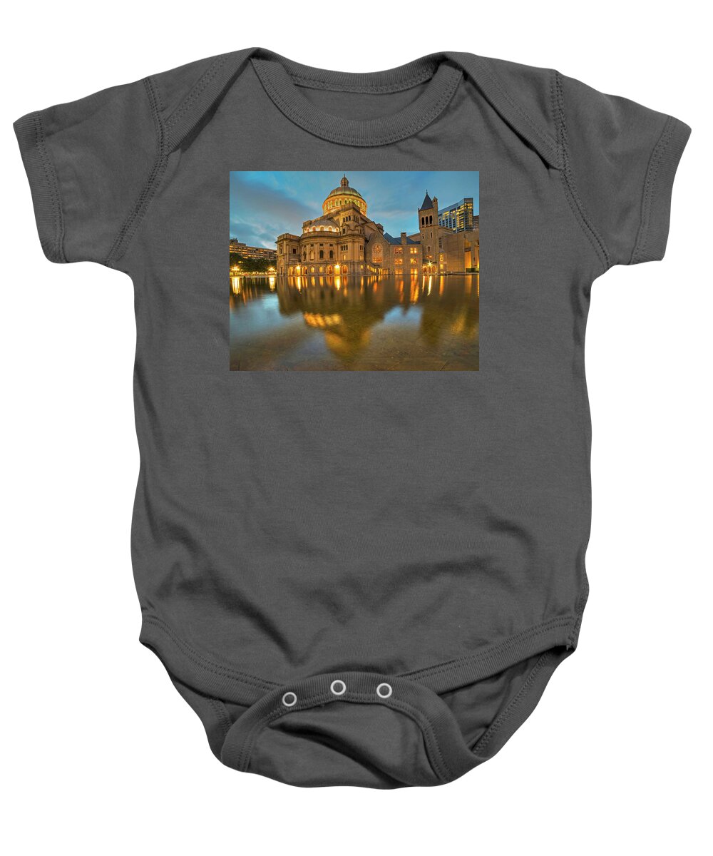 Boston Baby Onesie featuring the photograph Boston Christian Science Building Reflecting Pool by Toby McGuire