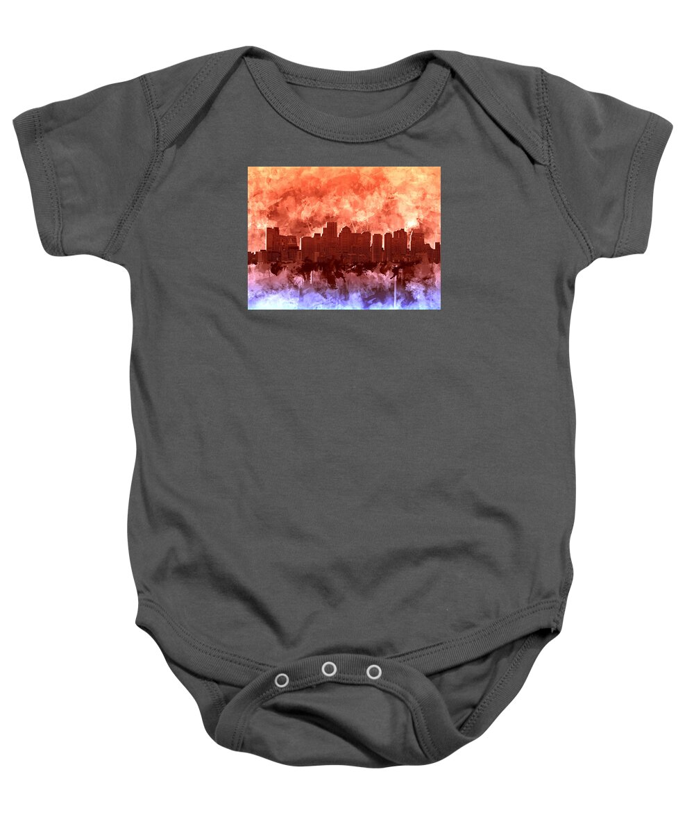 Boston Baby Onesie featuring the painting Boston City Skyline Watercolor 5 by Bekim M