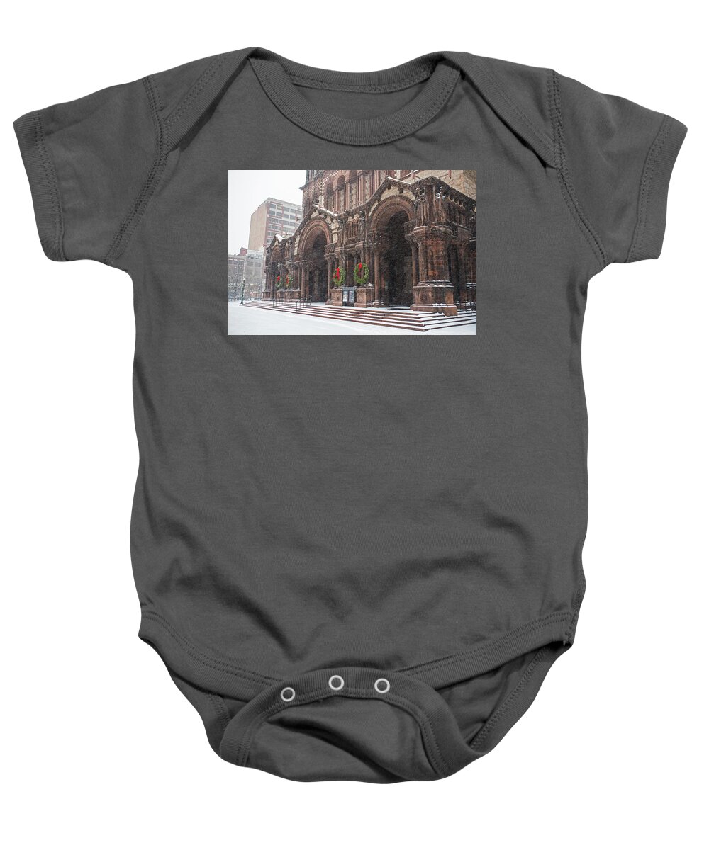 Boston Baby Onesie featuring the photograph Boston Trinity Church Christmas Wreaths Boston MA by Toby McGuire