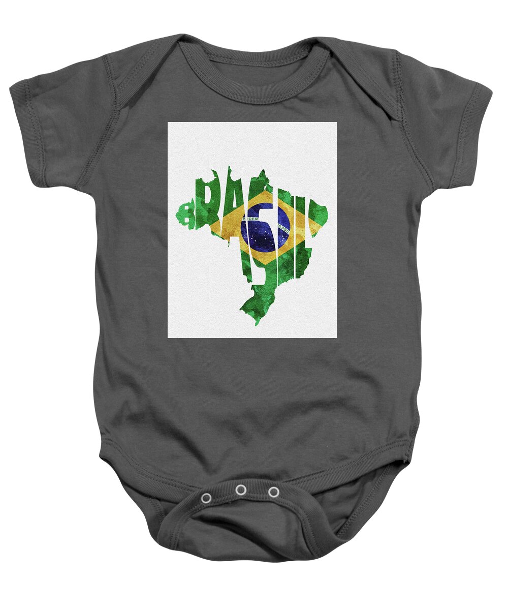 Brazil Baby Onesie featuring the digital art Brazil Typographic Map Flag by Inspirowl Design