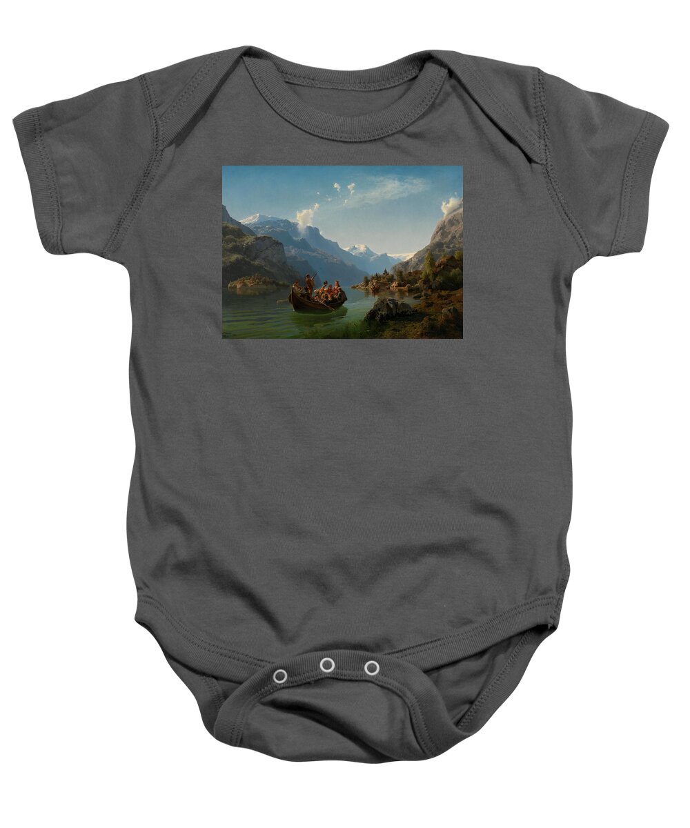 Norwegian Art Baby Onesie featuring the painting Bridal Procession on the Hardangerfjord by Adolph Tidemand