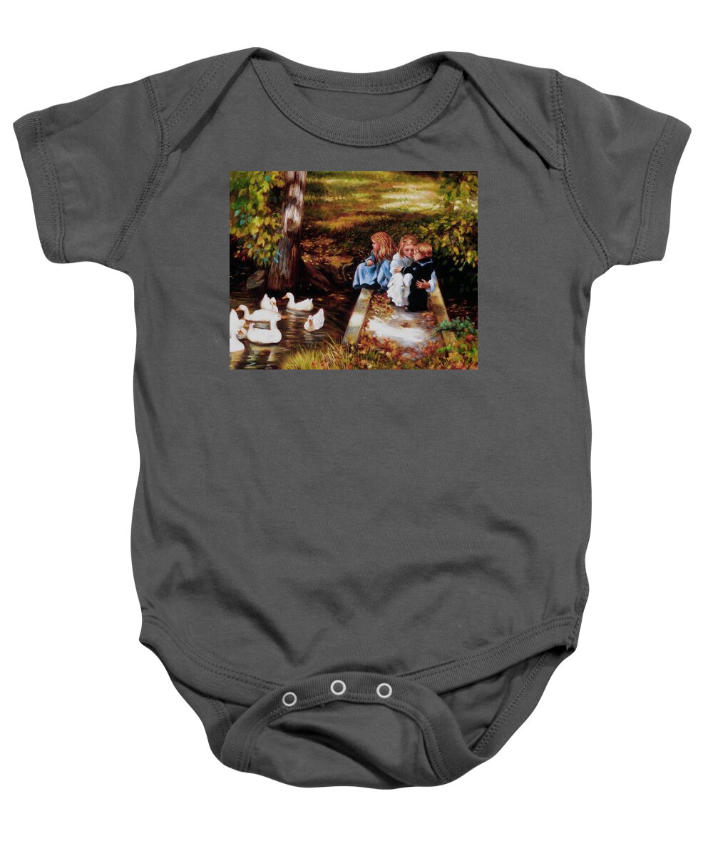 Children Baby Onesie featuring the painting Bridge on Duck Pond by Marie Witte