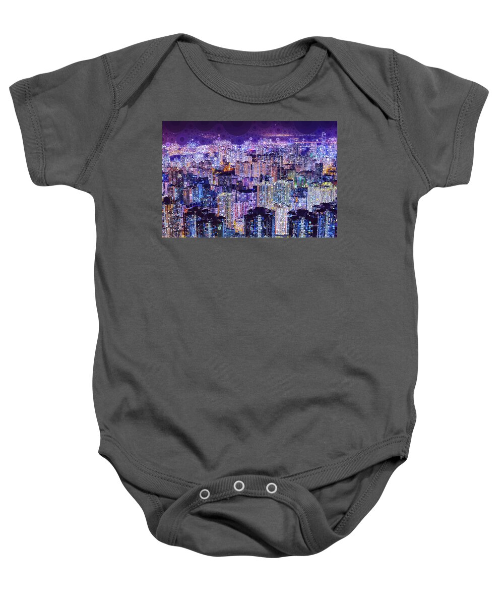 Hong Kong Baby Onesie featuring the mixed media Bright Lights, Big City by Susan Maxwell Schmidt