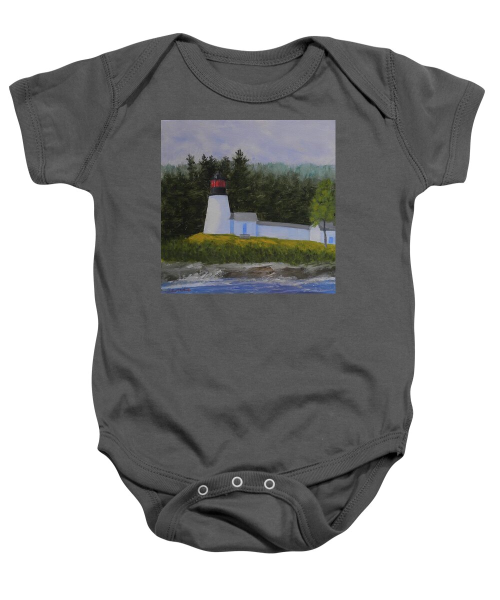 Lighthouse Landscape Ocean Seascape Burnt Island Boothbay Maine Baby Onesie featuring the painting Burnt Island Light by Scott W White