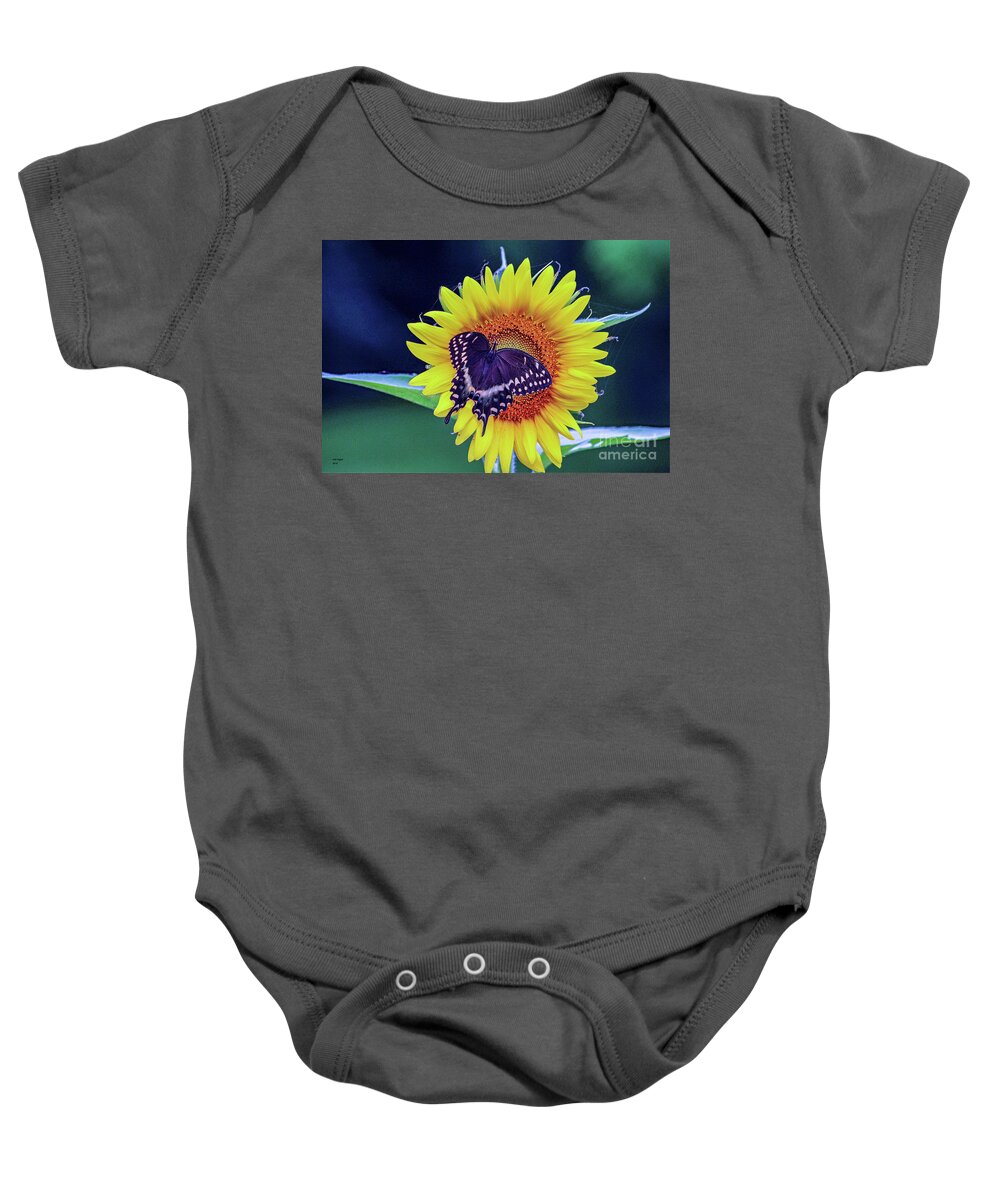 Nature Baby Onesie featuring the photograph Butterfly and Sunflower - Natures Delights by DB Hayes