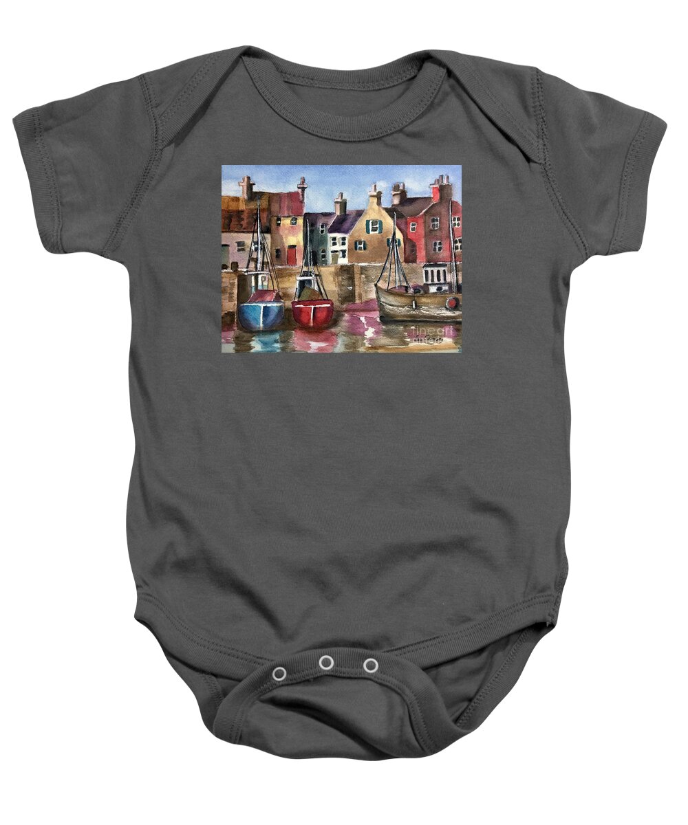 Boats Baby Onesie featuring the painting By the Harbor by Sue Carmony