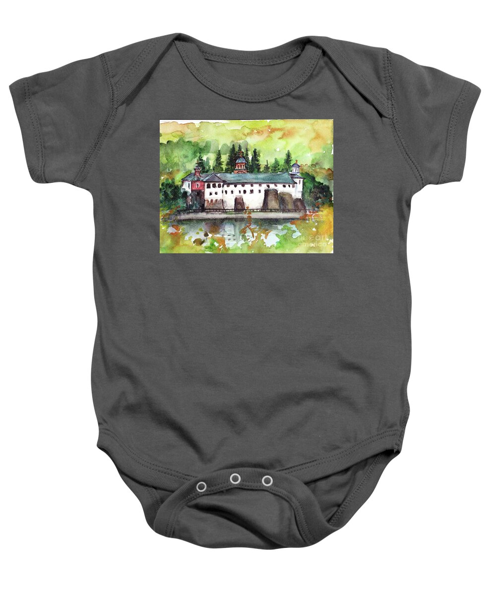 Landscape Baby Onesie featuring the painting By the River by Oana Godeanu