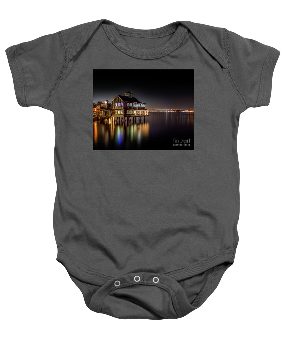 Architectural Baby Onesie featuring the photograph Cafe On The Port by Ken Johnson