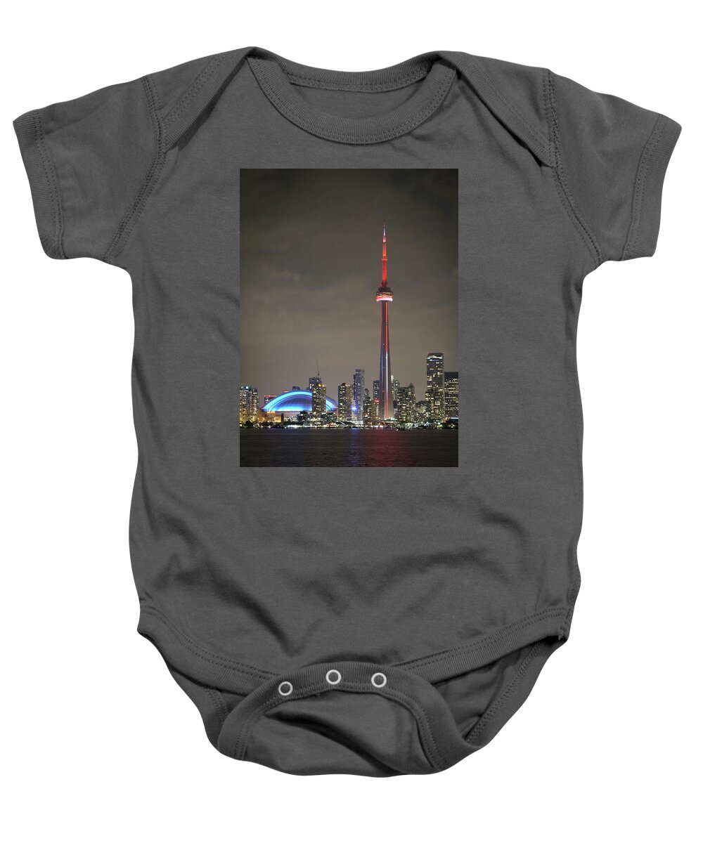 The Cn Tower Is The Biggest Landmark In Toronto Baby Onesie featuring the photograph Toronto Skyline #1 by Nick Mares