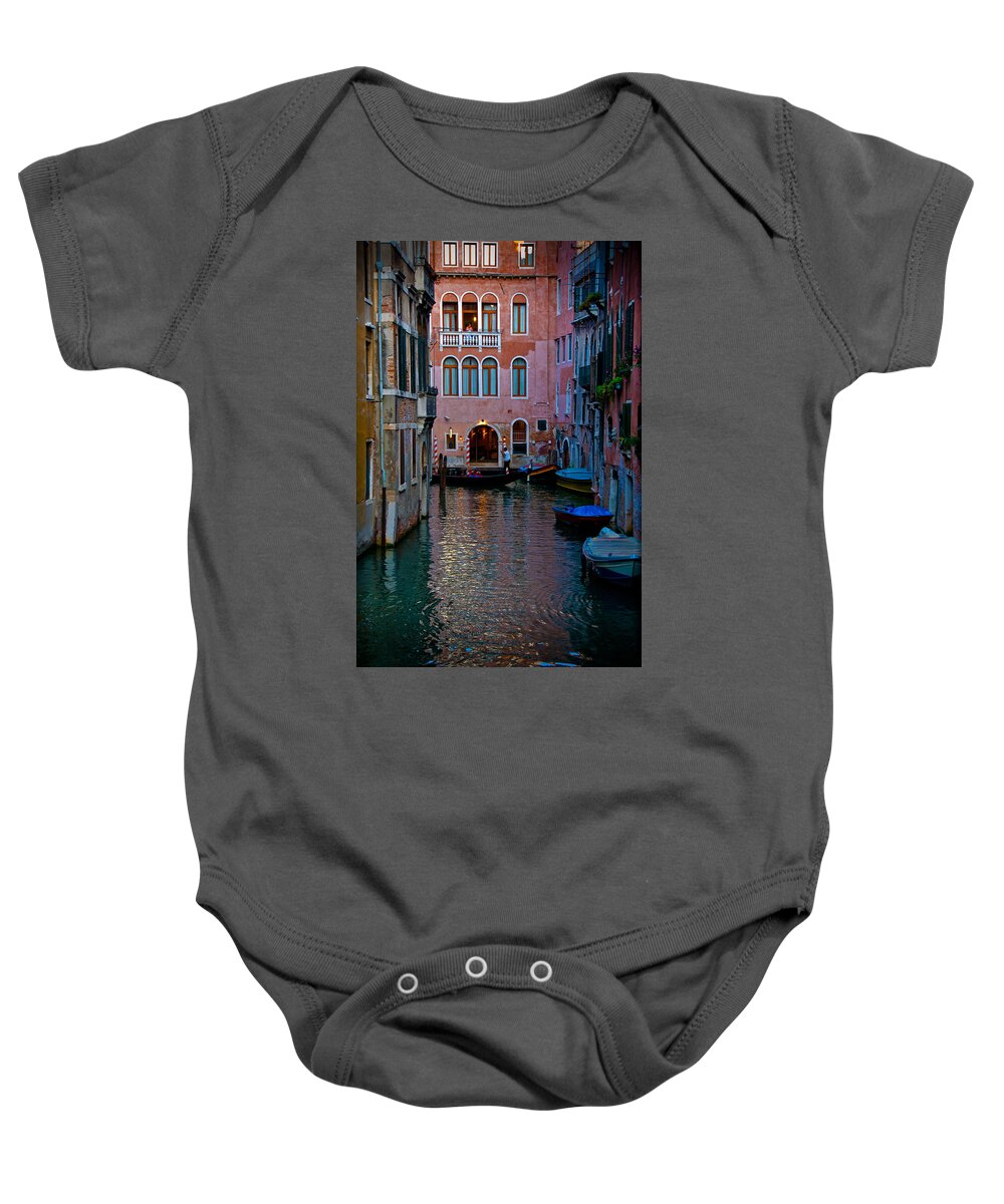 Venice Baby Onesie featuring the photograph Canal at Dusk by Harry Spitz