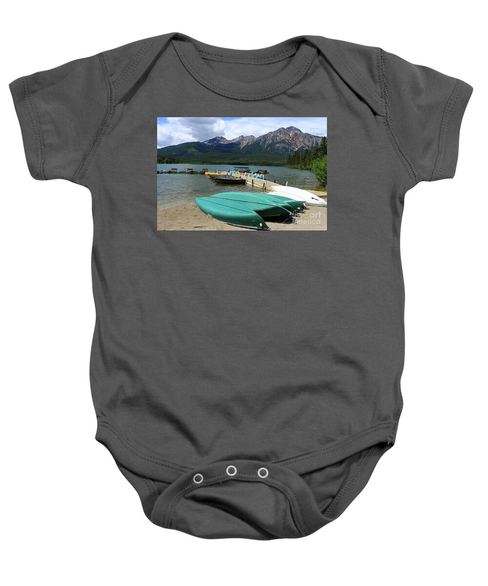 Canada Baby Onesie featuring the photograph Canoes At Pyramid Lake by Christiane Schulze Art And Photography