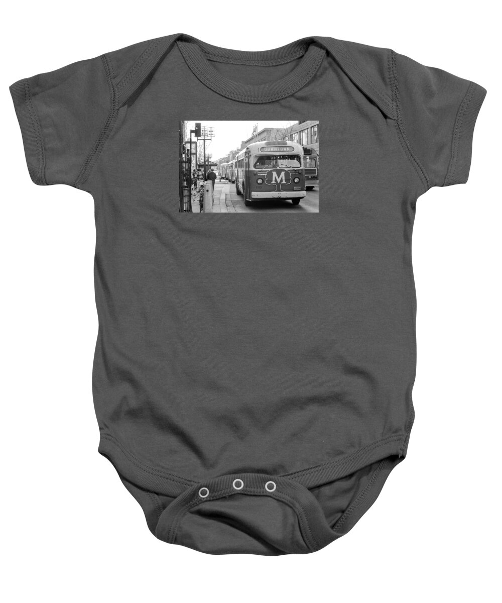 Book Work Baby Onesie featuring the photograph Caravan of Buses on Nicollet Mall by Mike Evangelist