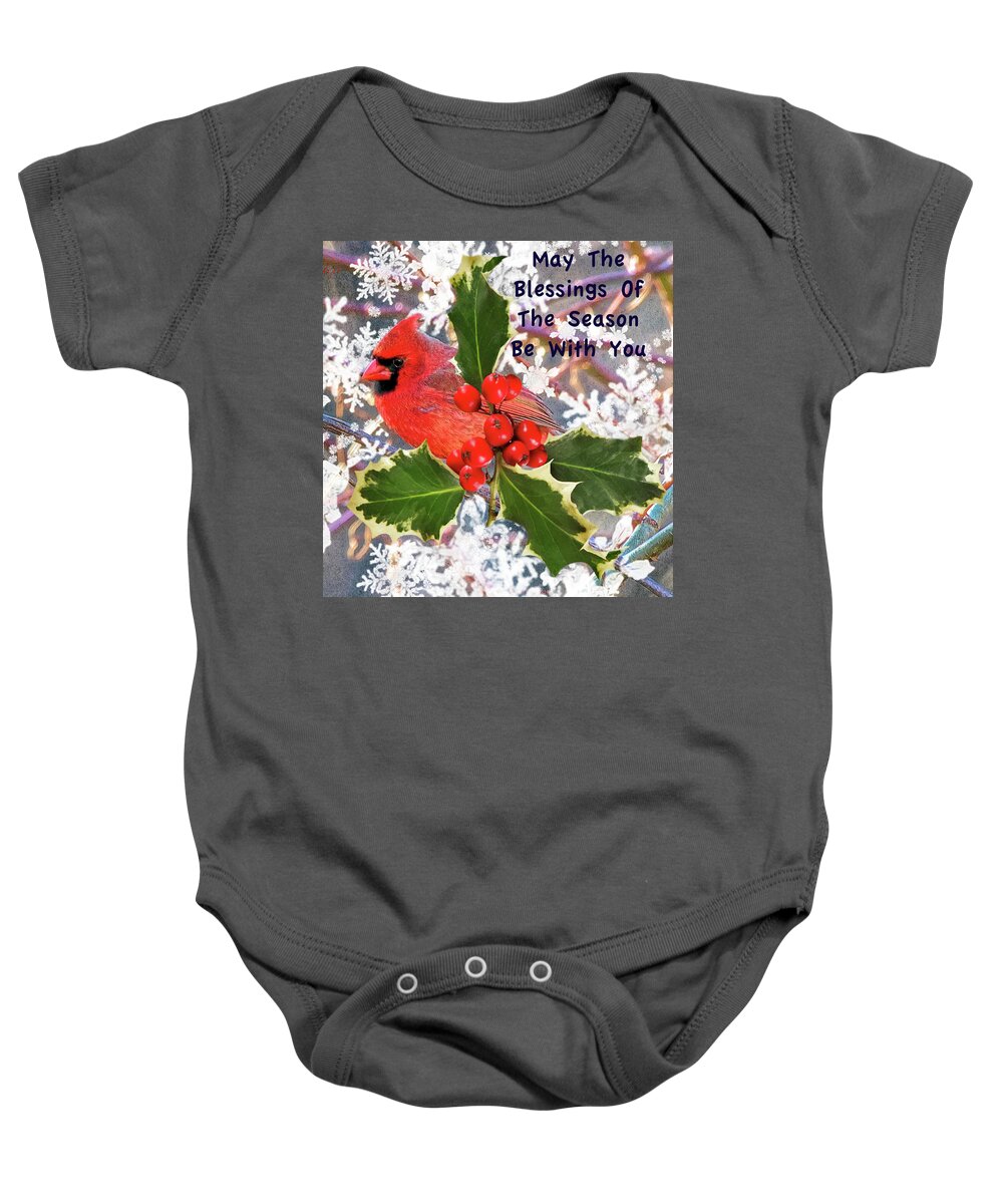 Expression Baby Onesie featuring the photograph Cardinal and Holly by Constantine Gregory