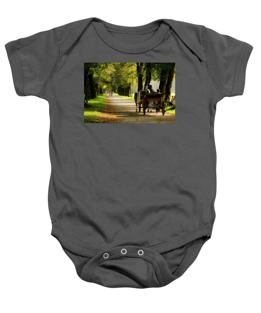 Carriage Baby Onesie featuring the photograph Carriage ride in Hellbrunn by Wolfgang Stocker