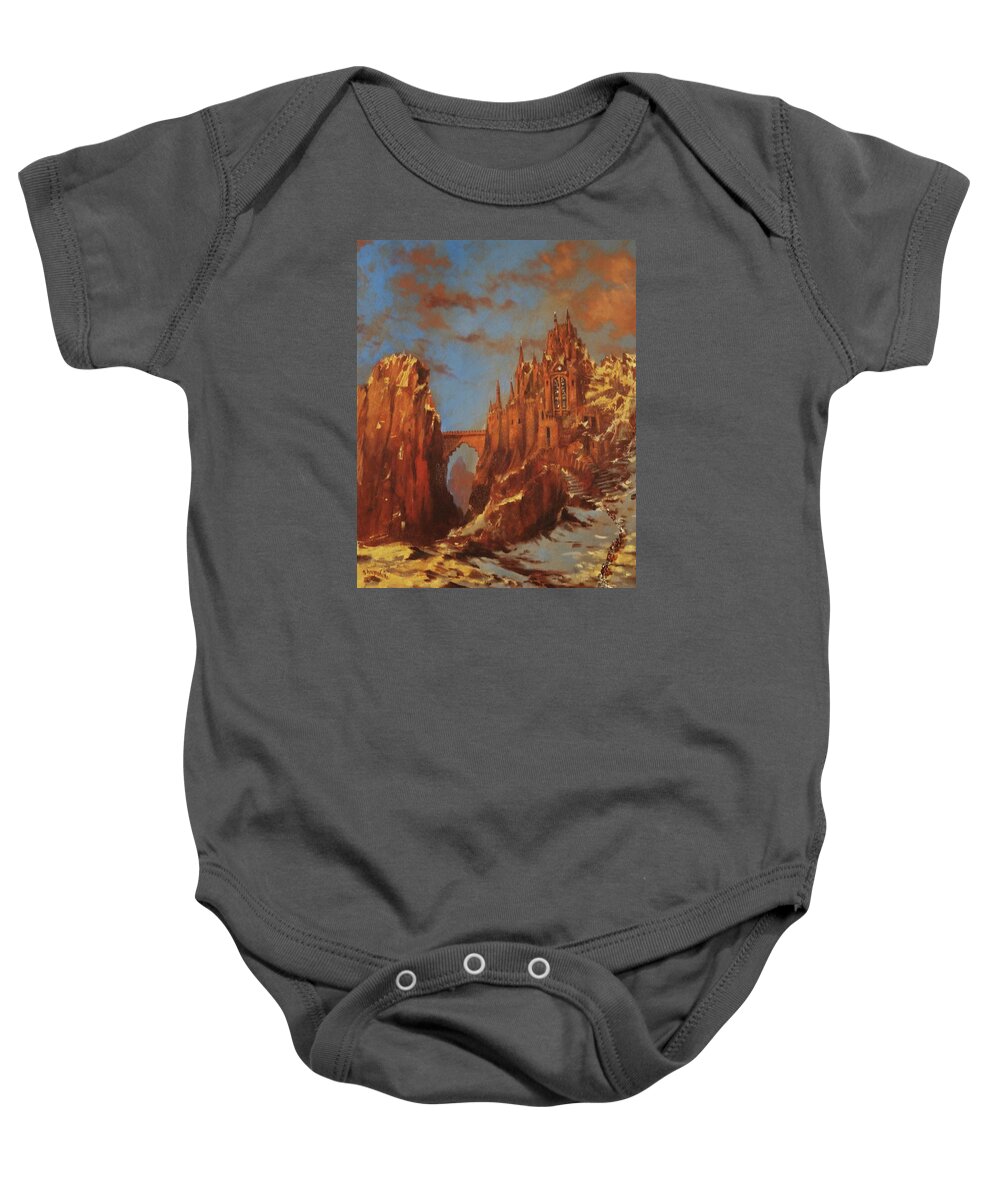 Fantasy Baby Onesie featuring the painting Castle of the Mountain King by Tom Shropshire