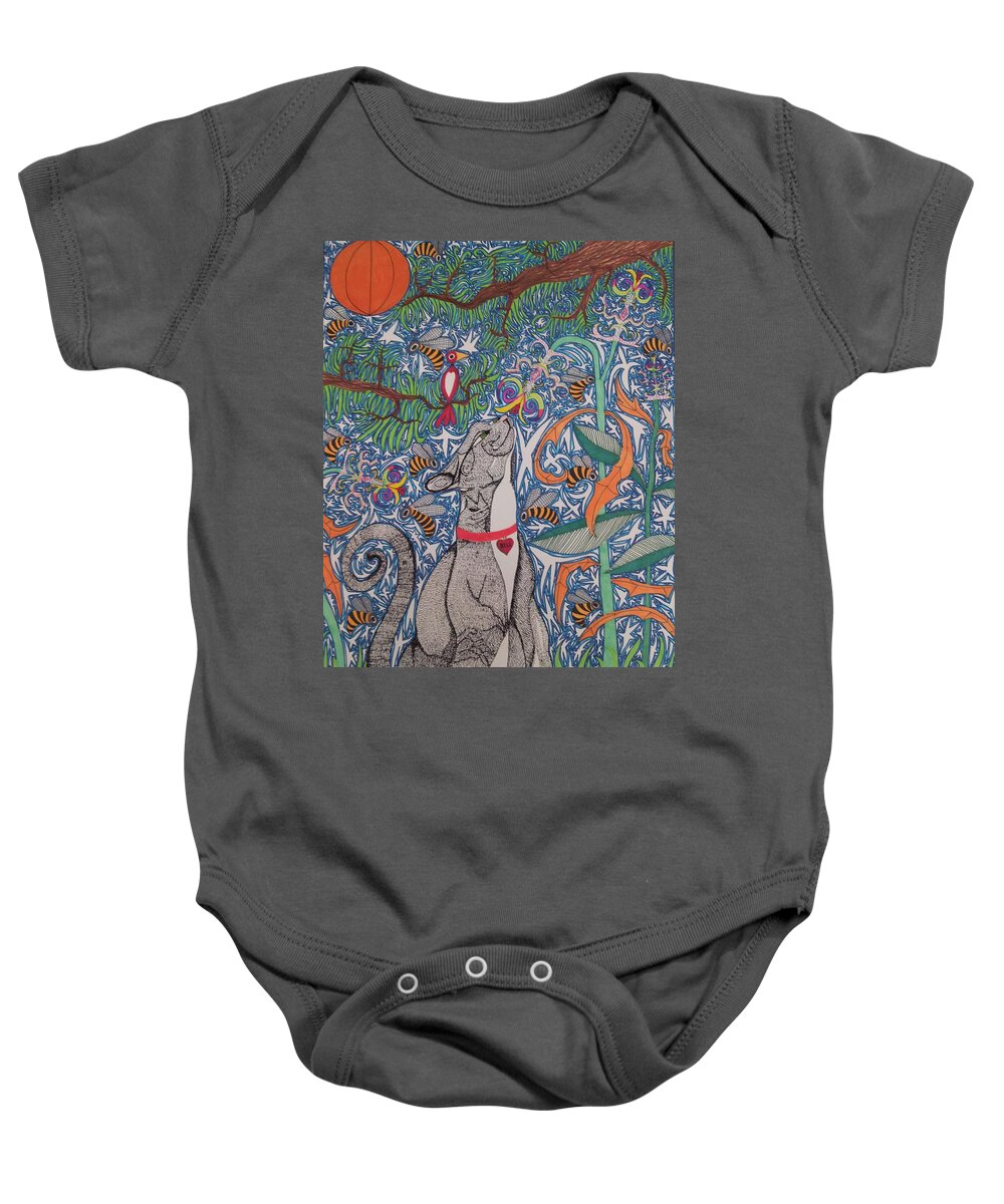 Animals Baby Onesie featuring the drawing Cat smelling flower by William Douglas
