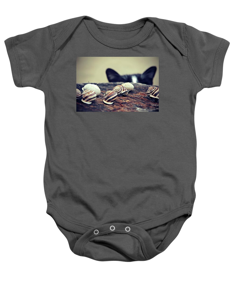 Cat Baby Onesie featuring the photograph Cat Snails by Trish Mistric