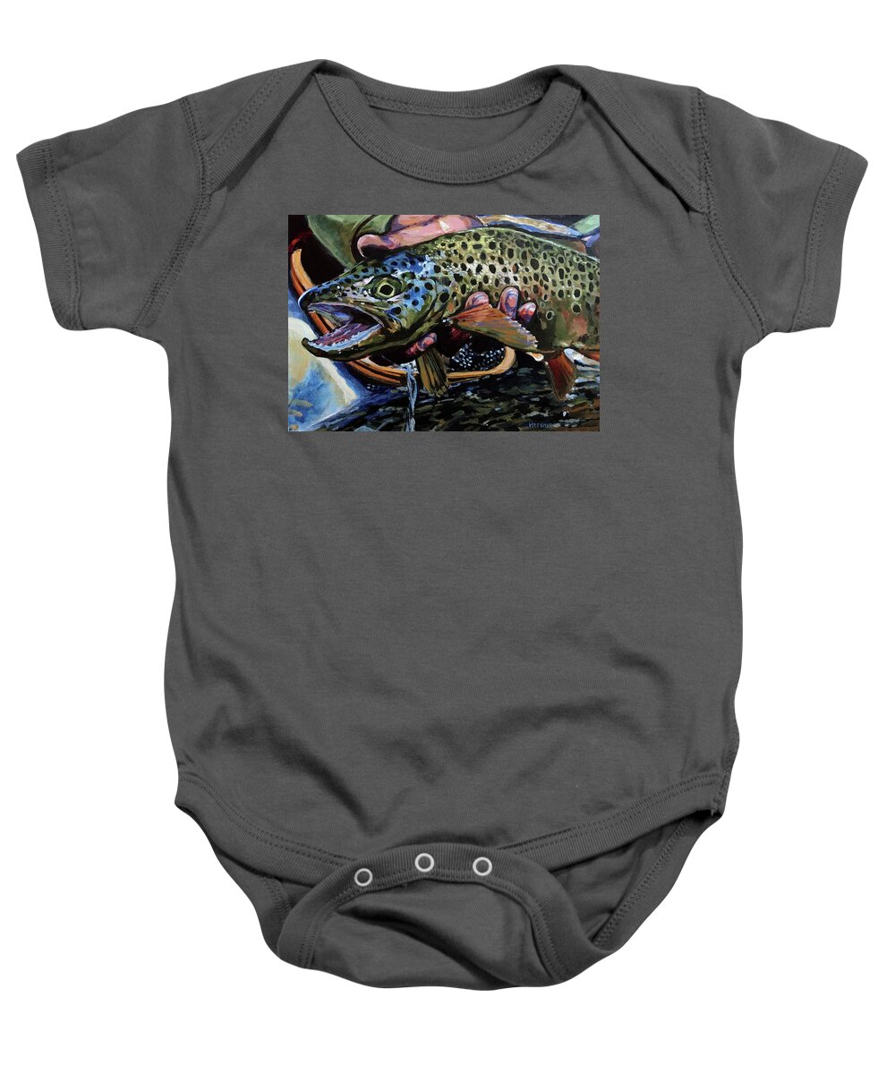 Brown Trout Baby Onesie featuring the painting Catch of the Day by Les Herman