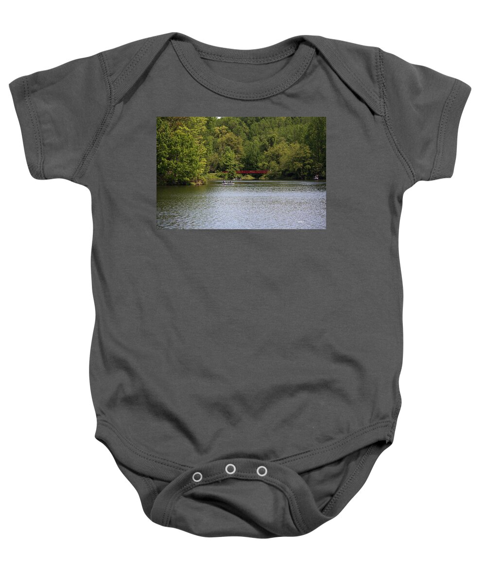 Centennial Baby Onesie featuring the photograph Centennial Lake Spring - Red Bridge Fishing by Ronald Reid