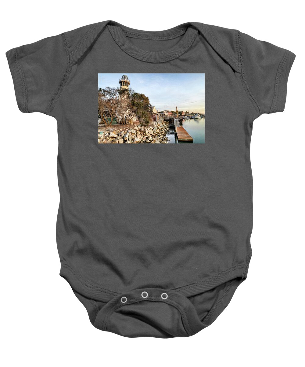 Seascape Lighthouse Water Marina Harbor Dock Rocks Baby Onesie featuring the photograph Channel Island Marina two by Wendell Ward