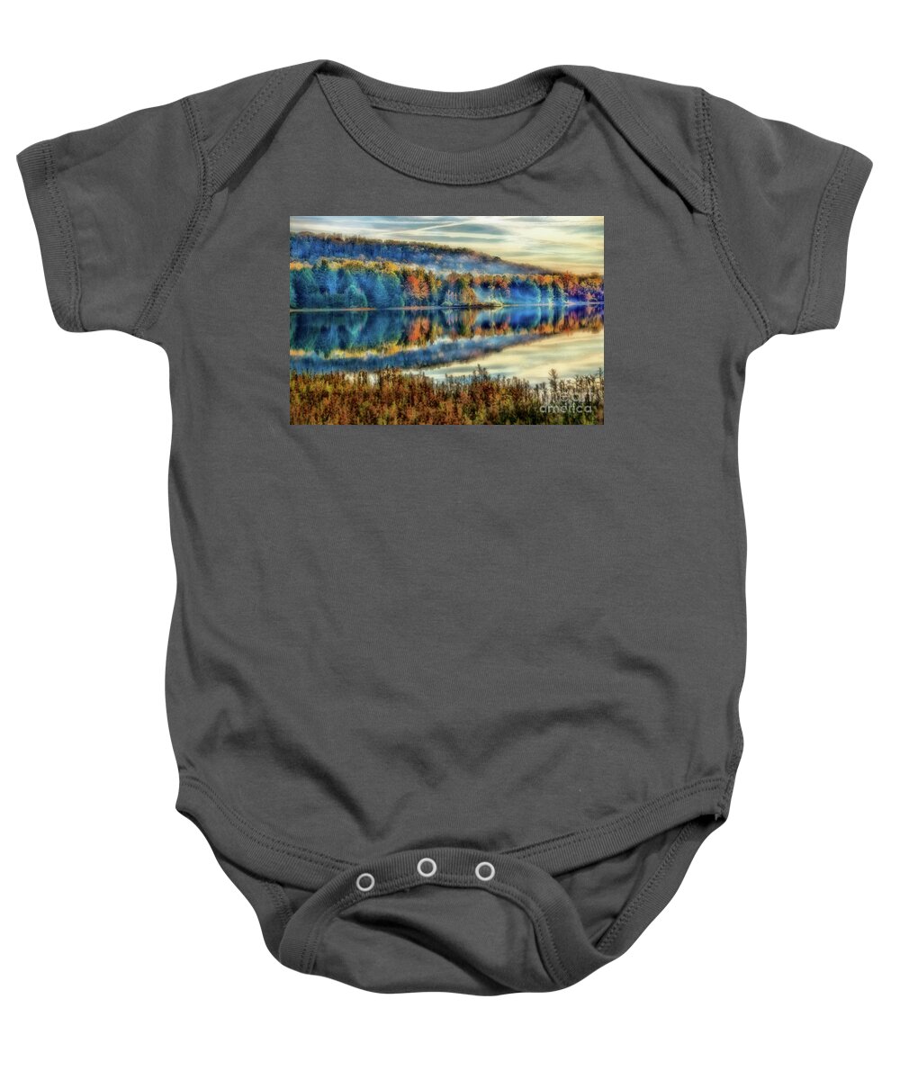 Morning Baby Onesie featuring the photograph Chapman Lake in the Mist by Matthew Winn
