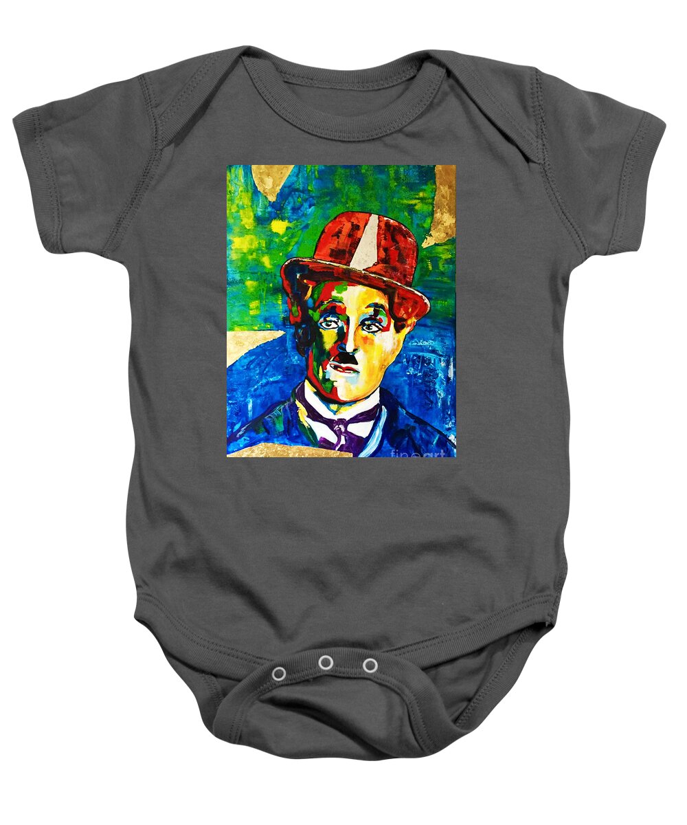 Home Design Baby Onesie featuring the painting CHARLIE CHAPLIN Gold and Silver by Kathleen Artist PRO