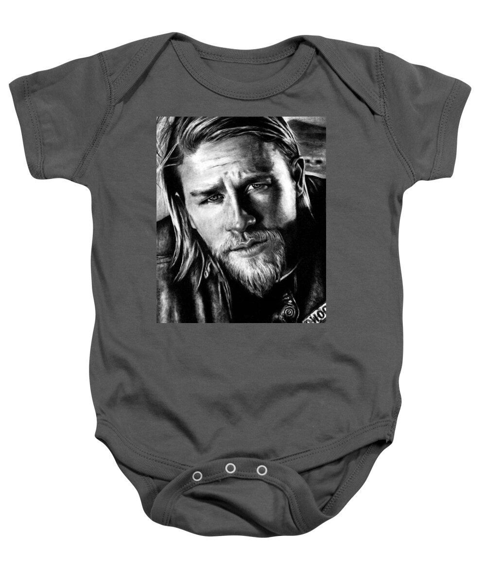 Charlie Hunnam Baby Onesie featuring the drawing Charlie Hunnam as Jax Teller by Rick Fortson
